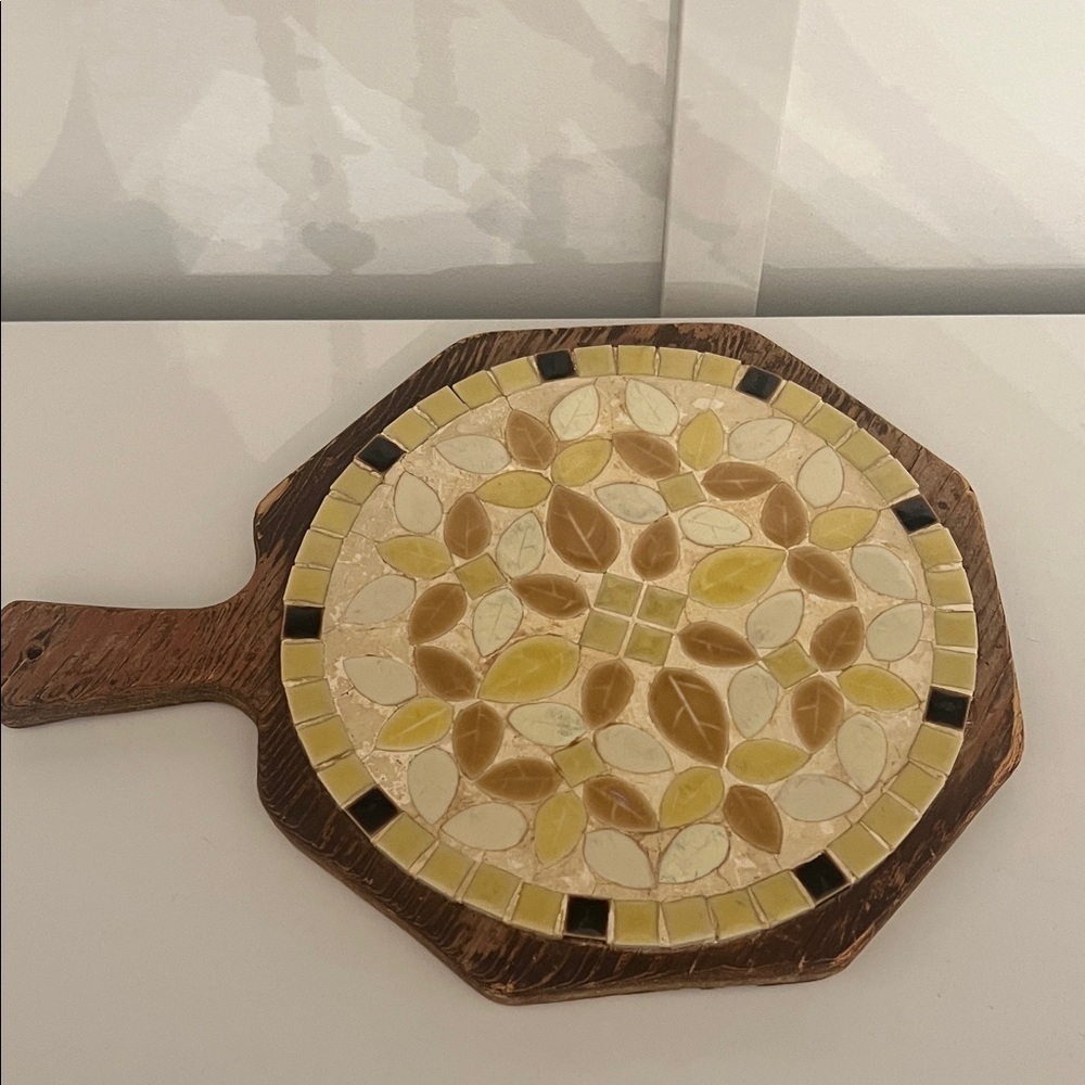 Vintage Mosaic Wooden Trivet/ cutting board - Yellow, Brown.